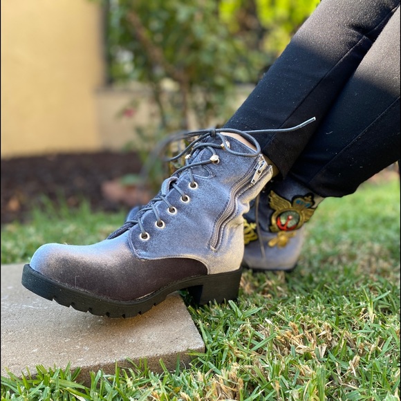 Grey Velvet Patch Lace Up Combat Boots - Picture 2 of 4